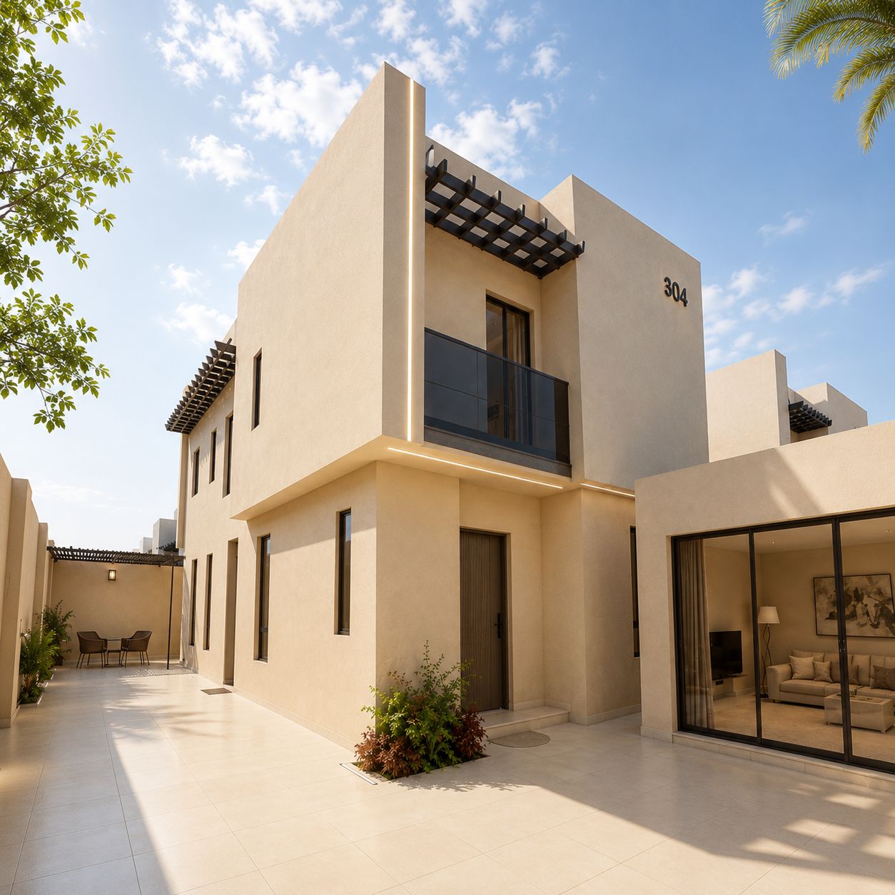 واجهة سكنية سعودية حديثة من الحجر الطبيعي البيج تحت ضوء شمس دافئ